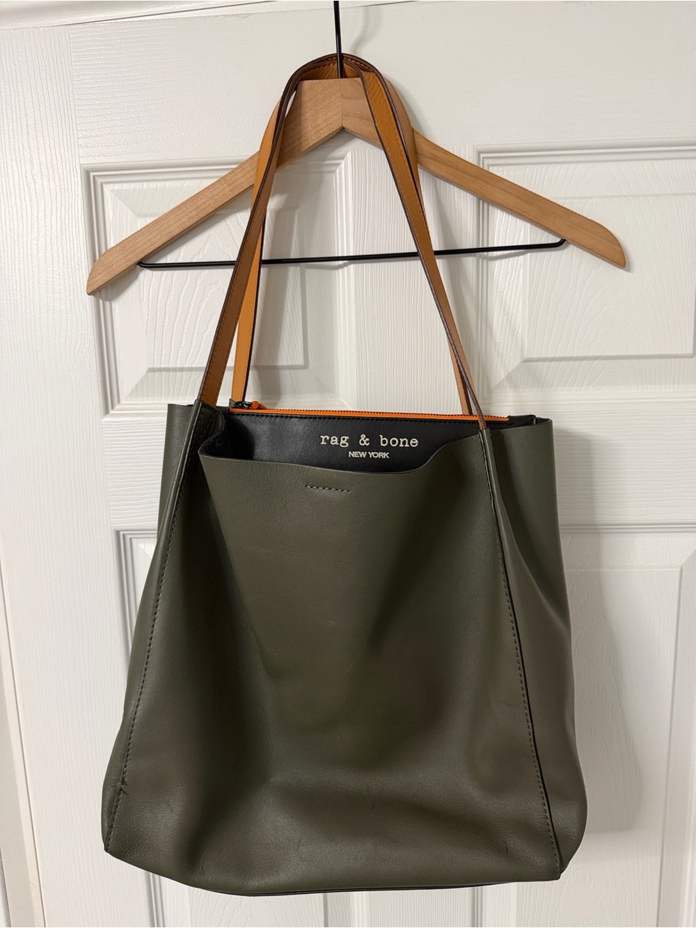 rag & bone Olive Leather Tote with Tan Straps and Orange Trim